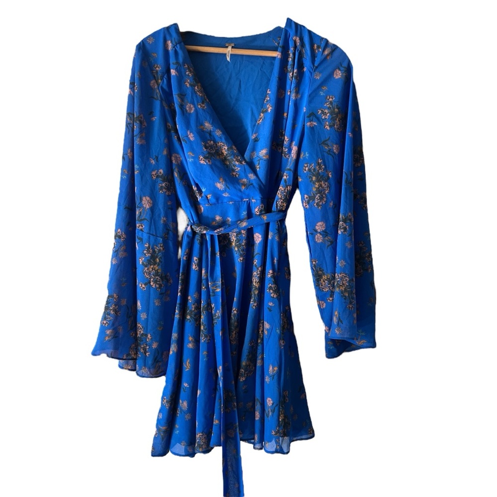 Free People Dress Lilou Blue Floral Chiffon Women's Bell Sleeves Medium